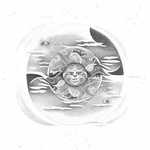 A yin and yang symbol with a moon and sun motif, incorporating elements of psychology and analytics, in a dotwork style tattoo design idea