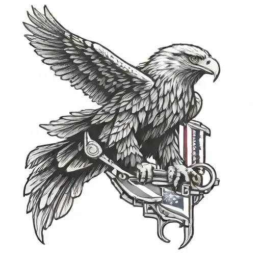 A majestic eagle perched on top of a detailed M4 rifle, with the US flag waving in the background tattoo design idea