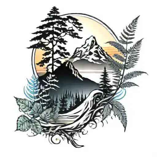 Mountains, nature, ferns, sunset and the sea wave tattoo design idea