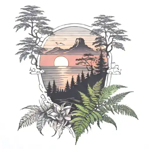 Mountains, nature, ferns, sunset and the sea wave tattoo design idea
