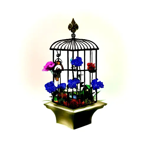 Triforce inside a small bird cage with flowers around the Triforce from Zelda tattoo design idea