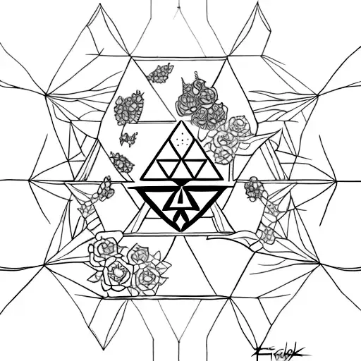 Triforce inside a small bird cage with flowers around the Triforce from Zelda tattoo design idea