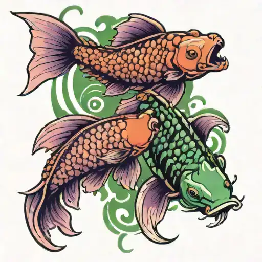 two koi fish swimming upstream together one in front of the other, purple one in front, green one slightly behind tattoo design idea
