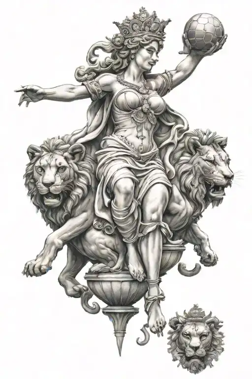 the goddess Cybele from the Madrid fountain, flanked by two lions, intertwined with real madrid football club logo tattoo design idea