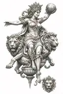 the goddess Cybele from the Madrid fountain, flanked by two lions, intertwined with real madrid football club logo tattoo design idea
