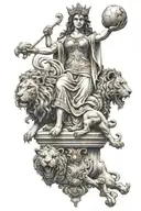 the goddess Cybele from the Madrid fountain, flanked by two lions, intertwined with real madrid football club logo tattoo design idea