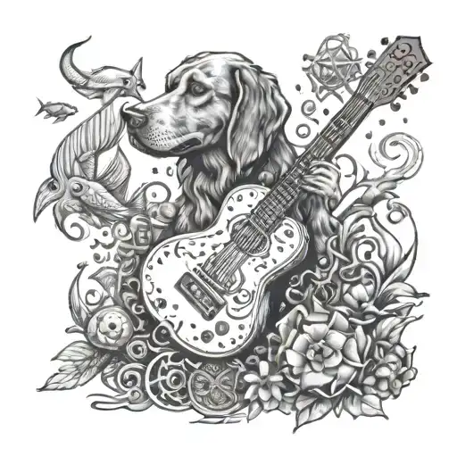 An intricate tattoo of a dog playing a guitar surrounded by underwater creatures, representing your passion for dogs and music intertwined with marine life tattoo design idea