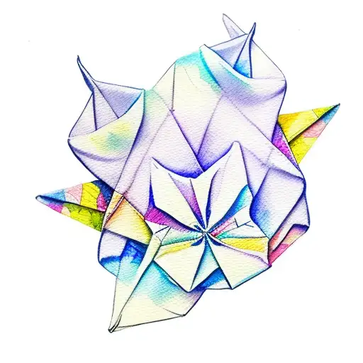 tsuru origami folding with watercolor painting of lilac and yellow. around it, there are small lilac flowers tattoo design idea