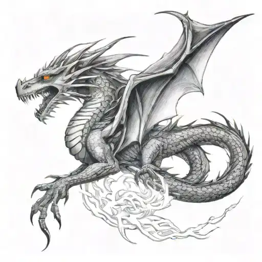 A fierce dragon breathing fire with bolts of lightning in the background, symbolizing the client's love for both dragons and thunderstorms tattoo design idea