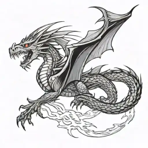 A fierce dragon breathing fire with bolts of lightning in the background, symbolizing the client's love for both dragons and thunderstorms tattoo design idea