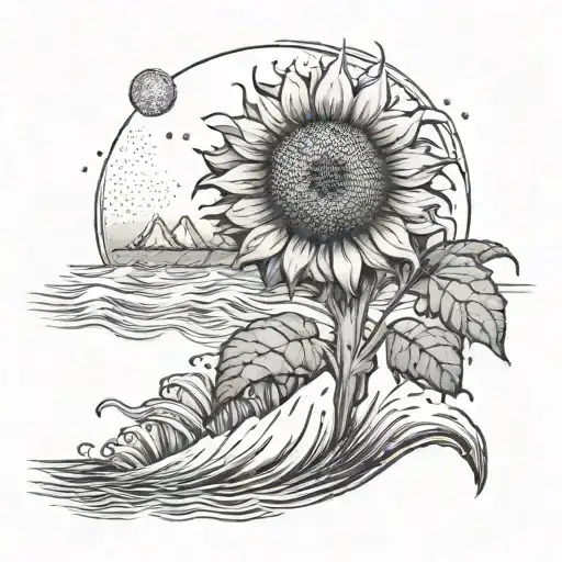 A surreal landscape with a giant sunflower growing out of the ocean waves tattoo design idea