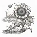 A surreal landscape with a giant sunflower growing out of the ocean waves tattoo design idea