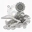 A surreal landscape with a giant sunflower growing out of the ocean waves tattoo design idea