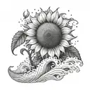 A surreal landscape with a giant sunflower growing out of the ocean waves tattoo design idea