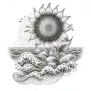 A surreal landscape with a giant sunflower growing out of the ocean waves tattoo design idea