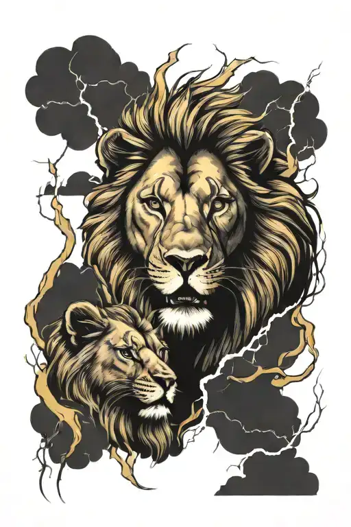 lion face with lion cub and lightning storm tattoo design idea