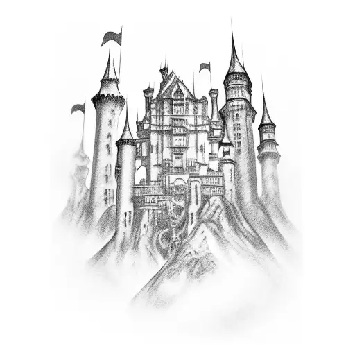 A gothic castle made of stacked books tattoo design idea