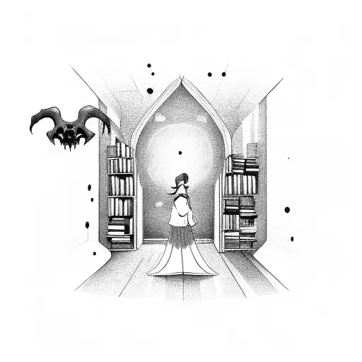 A haunted library with floating books and ghostly figures tattoo design idea