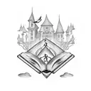 A haunted library with floating books and ghostly figures tattoo design idea