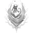 A haunted library with floating books and ghostly figures tattoo design idea