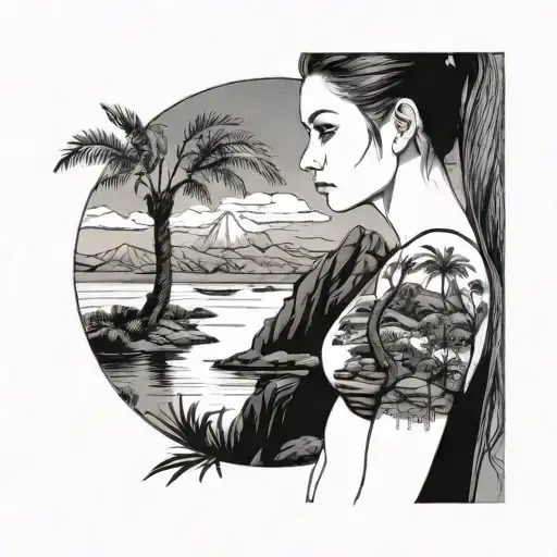 oasis landscape with girl tattoo design idea