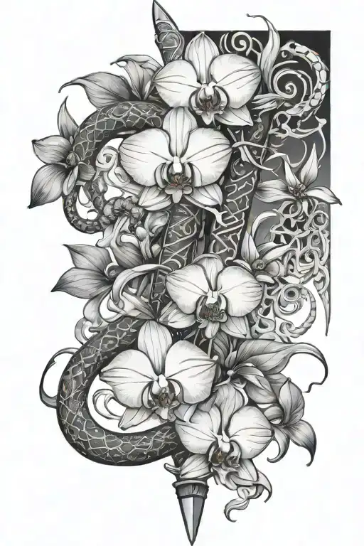 orchids and snakes wrapping around sword blade  tattoo design idea