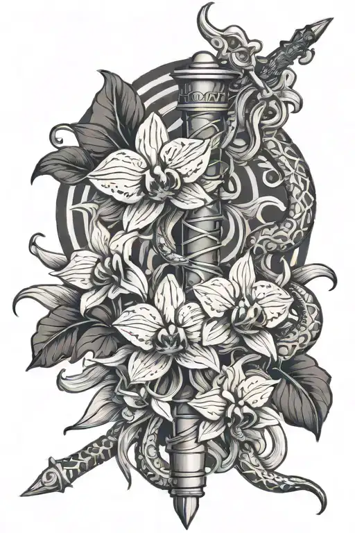 orchids and snakes wrapping around sword tattoo design idea