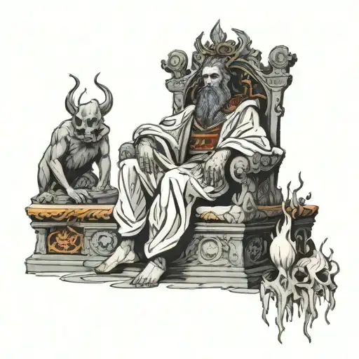 Hades seated on a dark throne in the underworld, surrounded by shadowy figures. tattoo design idea