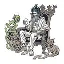 Hades seated on a dark throne in the underworld, surrounded by shadowy figures. tattoo design idea