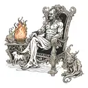 Hades seated on a dark throne in the underworld, surrounded by shadowy figures. tattoo design idea