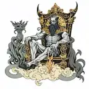 Hades seated on a dark throne in the underworld, surrounded by shadowy figures. tattoo design idea