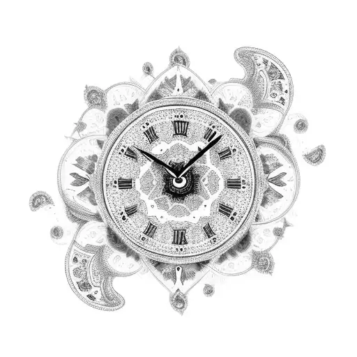 Paisley pattern with purple diamond and a clock face at 11:16am tattoo design idea