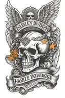 Harley Davidson logo on forearm with angel wings and a skull in black and orange   to symbolize to never ride faster the tattoo design idea