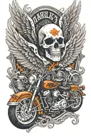 Harley Davidson logo on forearm with angel wings and a skull in black and orange   to symbolize to never ride faster the tattoo design idea