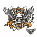 Harley Davidson logo on forearm with angel wings and a skull in black and orange   tattoo design idea