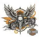 Harley Davidson logo on forearm with angel wings and a skull in black and orange   tattoo design idea