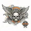 Harley Davidson logo on forearm with angel wings and a skull in black and orange   tattoo design idea
