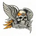 Harley Davidson logo on forearm with angel wings and a skull in black and orange   tattoo design idea