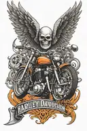 Harley Davidson logo on forearm with angel wings and a skull in black and orange   to symbolize to never ride faster the tattoo design idea