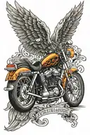 Harley Davidson logo on forearm with angel wings and a skull in black and orange   to symbolize to never ride faster the tattoo design idea