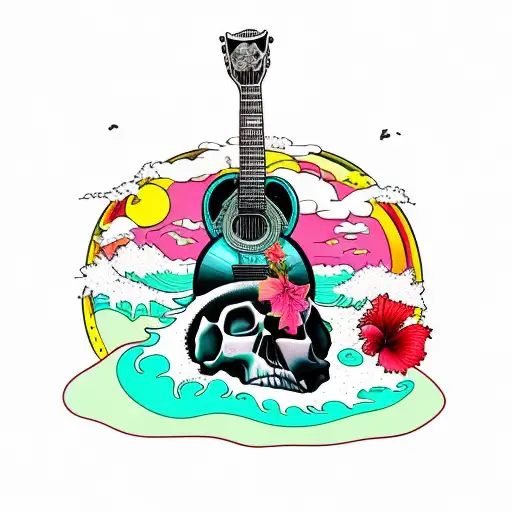 skull at the beach with guitar and a bottle, ganja leaf and hibiscus flower at the side, sun, curly wave  tattoo design idea