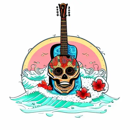 the skeleton skull at the beach with guitar and a bottle, ganja leaf and hibiscus flower at the side, sun, curly wave  tattoo design idea