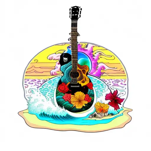 skull at the beach lagoon with guitar and a bottle, ganja leaf and hibiscus flower at the side, sun, curly wave  tattoo design idea