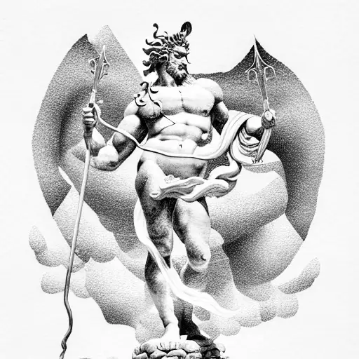 marble poseidon statue conquering with a trident in hand.  tattoo design idea