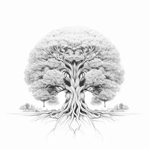 A black and grey tattoo of a majestic tree with intricate roots and branches, surrounded by various animals and insects tattoo design idea