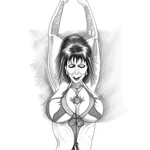 A sketch-style tattoo of Elvira doing a yoga pose, with a pinup twist, combining your interests in horror movies and yoga. tattoo design idea