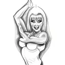 A sketch-style tattoo of Elvira doing a yoga pose, with a pinup twist, combining your interests in horror movies and yoga. tattoo design idea