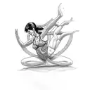 A sketch-style tattoo of Elvira doing a yoga pose, with a pinup twist, combining your interests in horror movies and yoga. tattoo design idea