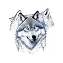 The image depicts a wolf standing confidently in front of a snarling, grotesque monster. The monster is covered in matte tattoo design idea