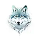 The image depicts a wolf standing confidently in front of a snarling, grotesque monster. The monster is covered in matte tattoo design idea